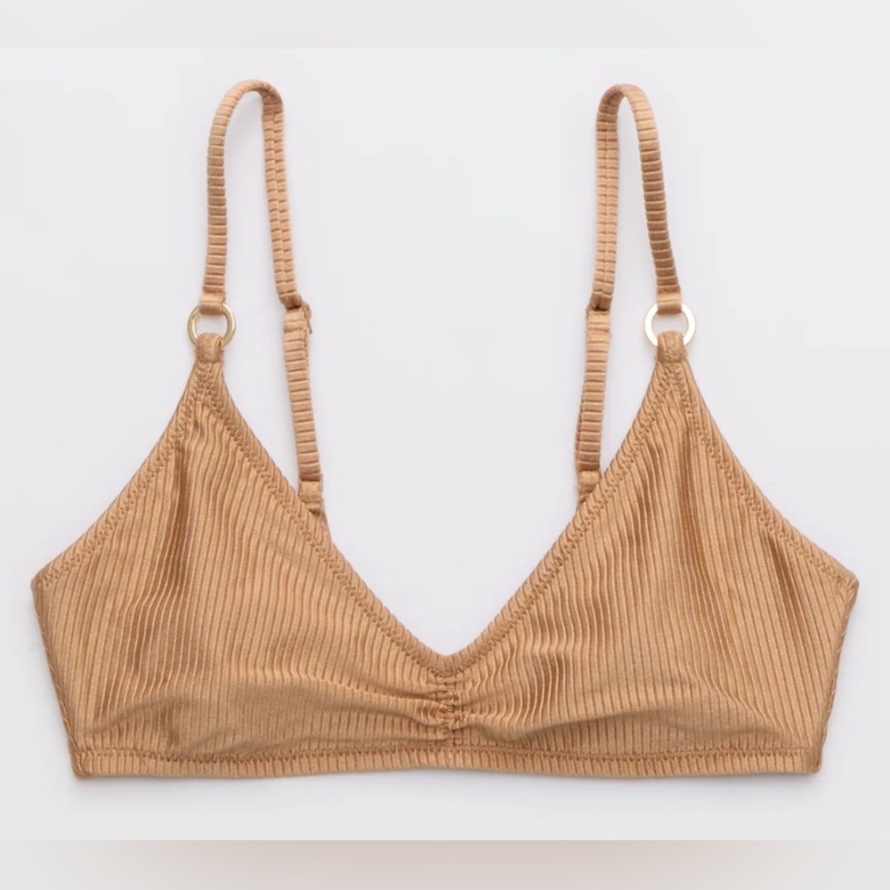 NWT Aerie Beach Babe Shine Rib Voop Bikini Top in Tan Beach Dune - Size S